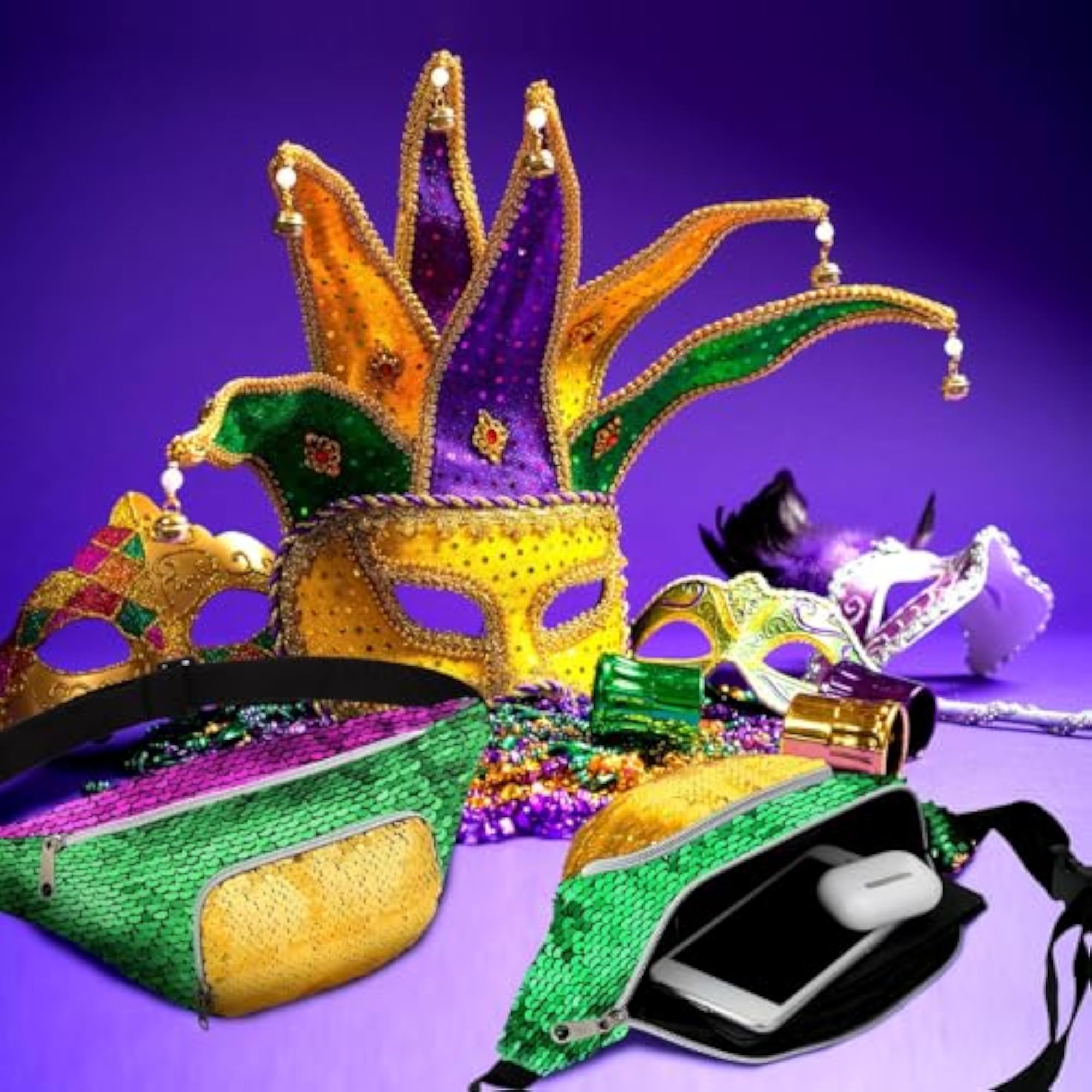 4 Pcs Mardi Gras Sequin Fanny Pack Set, Adjustable